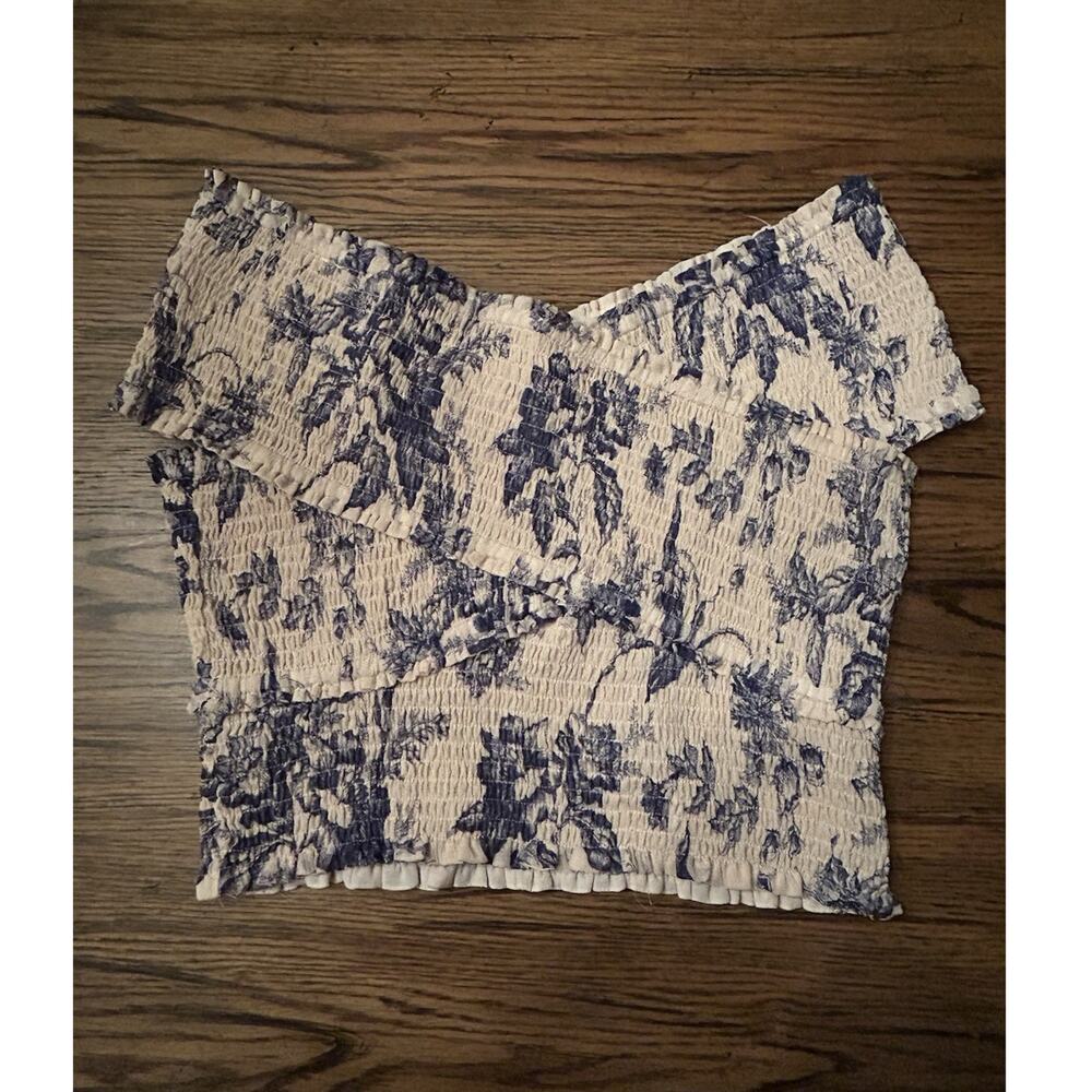 Express Blue Beige Floral Off Shoulder Ruffle Cropped Women's Blouse Size S